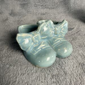 McCoy Blue Shoes With Bows 1940s Pottery Planter Baby Gift Vintage Glazed
